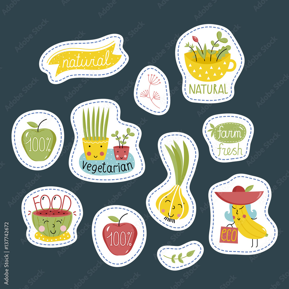 Eco and bio food labels set isolated on blue background. Natural products stickers with fruit and vegetables cartoon characters for organic shop, vegan cafe, restaurant menu, eco bar.
