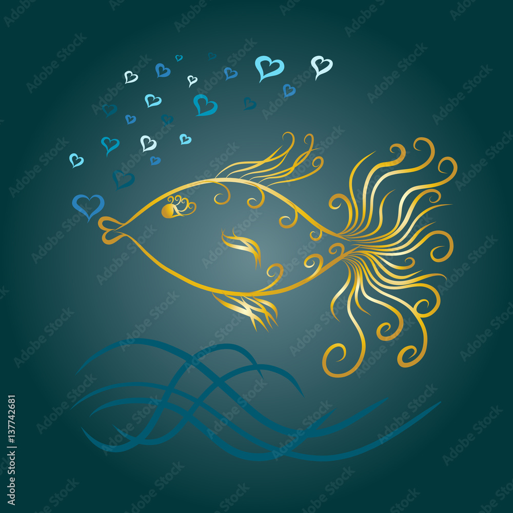 Obraz premium swimming graceful goldfish, painted lines with swirls, blow bubbles in the form of heart, on a turquoise background 
