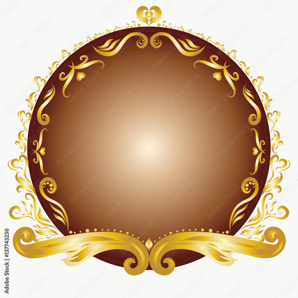 Elegant bright round frame with gold border, painted lines with swirls  Stock Illustration