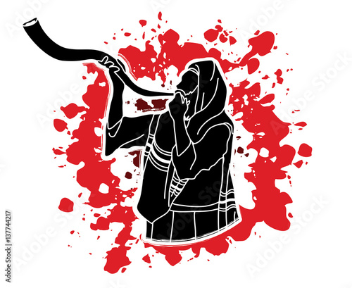 Jew blowing the shofar sheep kudu horn on splash blood background graphic vector.