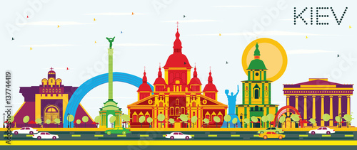 Kiev Skyline with Color Buildings and Blue Sky.