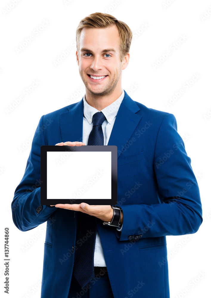 Businessman showing blank tablet pc Businessman showing blank tablet pc