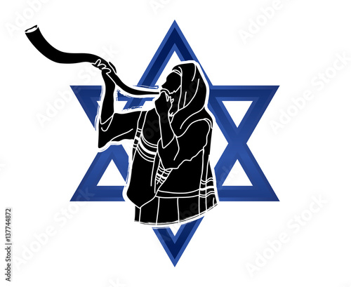 Jew blowing the shofar sheep kudu horn on Israel star background graphic vector.