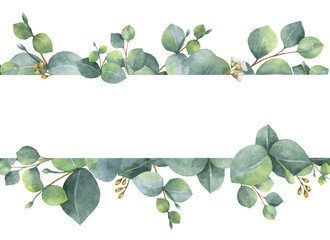 Watercolor green floral card with silver dollar eucalyptus leaves and branches isolated on white background.