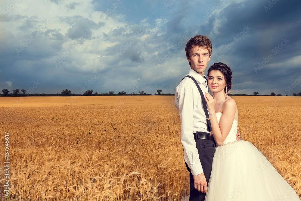 Beautiful just married couple in wheat field Beautiful just married couple in wheat field