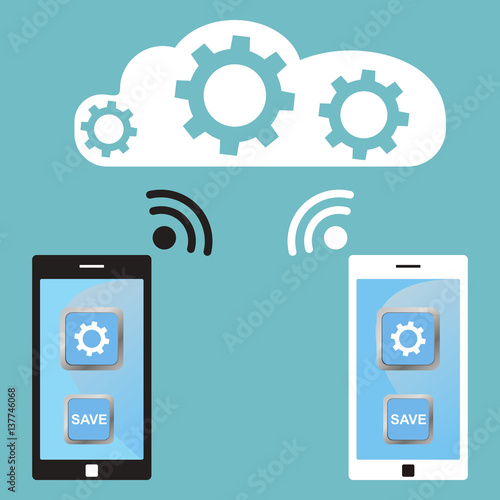 Cloud technology. white and black smart phone saves the settings in the cloud.