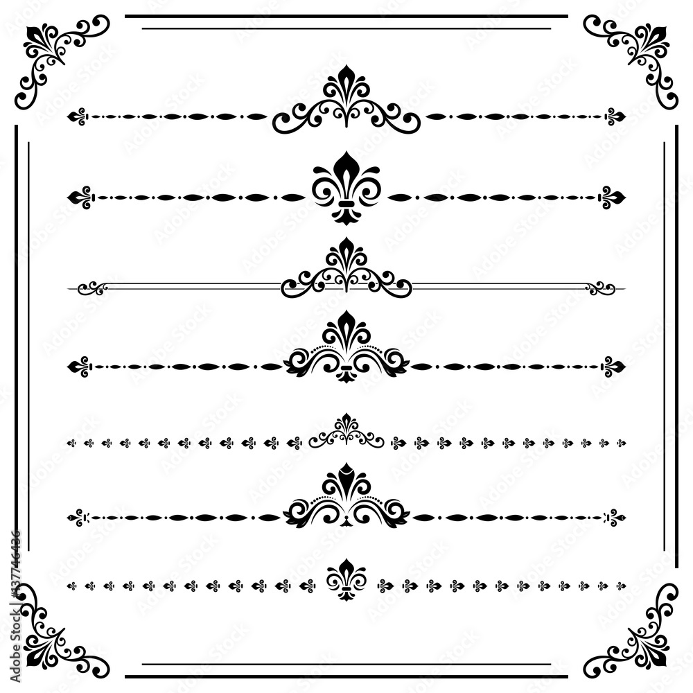 Vintage set of decorative elements. Horizontal separators in the frame. Collection of different ornaments. Black and white colors