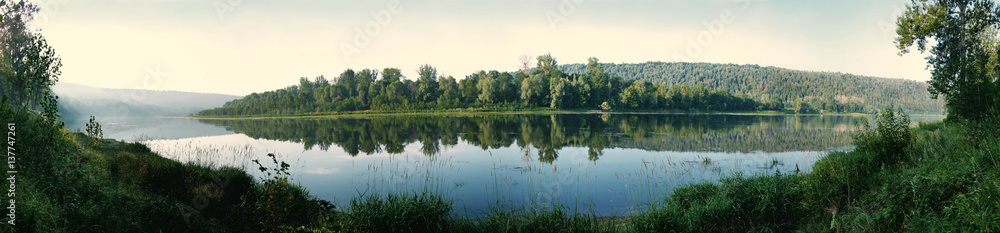 Panorama of forest green island with the shore in summer