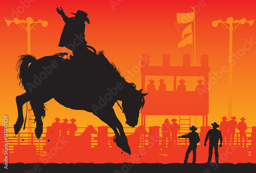 A vector silhouette of a Rodeo Cowboy riding a saddle bronc in a rodeo arena with the chutes and spectators in the background.