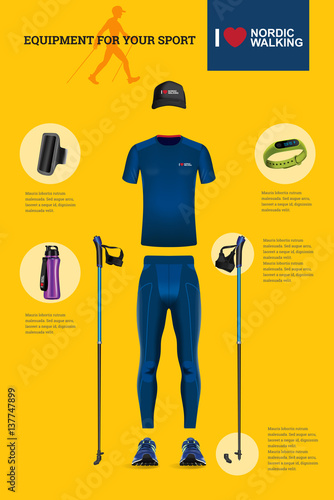 Vector illustration of set with Nordic Walking equipment.