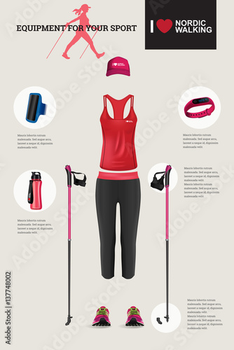 Vector illustration of set with Nordic Walking equipment.