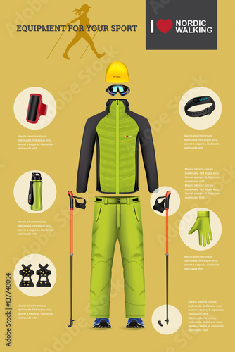 Vector illustration of set with Nordic Walking equipment.