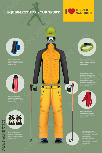 Vector illustration of set with Nordic Walking equipment.