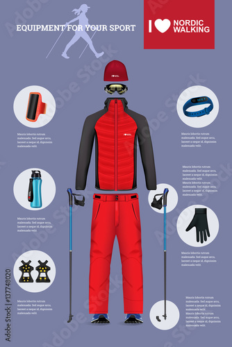 Vector illustration of set with Nordic Walking equipment.