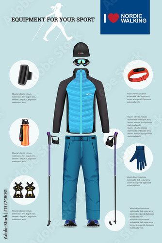 Vector illustration of set with Nordic Walking equipment.