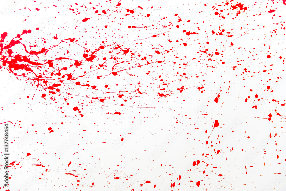 Blood splatter, red acrylic paint splash isolated on wall background texture