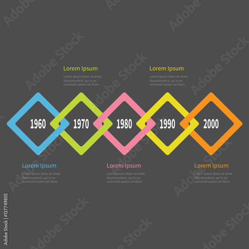 Five step Timeline Infographic. Colorful big rhombus square segment. Template. Flat design. Black background. Isolated.
