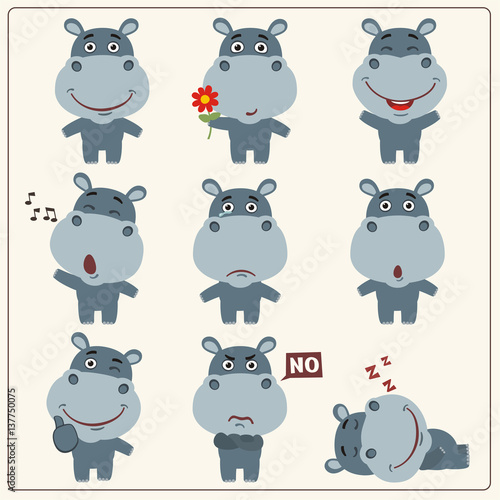 Funny little hippo set in different poses. Collection isolated hippo in cartoon style.