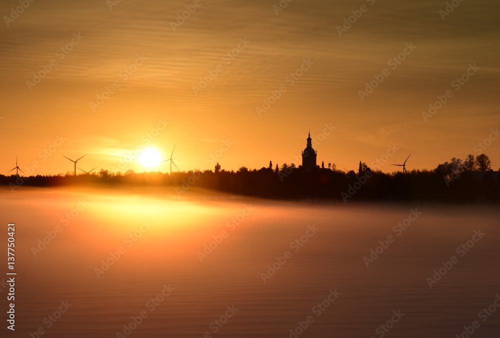 Naklejka premium Winter landscape skyline in sunrise