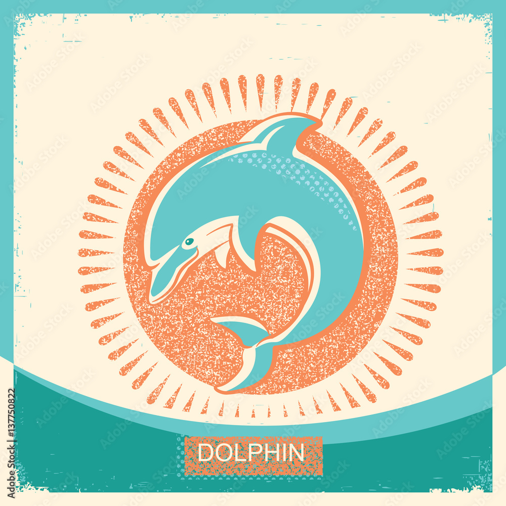 Fototapeta premium Dolphin symbol retro poster with blue sea wave on old paper texture
