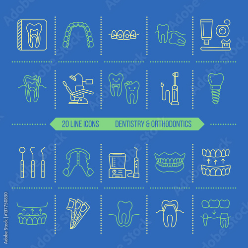 Dentist, orthodontics line icons. Dental care equipment, braces, tooth prosthesis, veneers, floss, caries treatment and other medical elements. Health care thin linear signs for dentistry clinic.