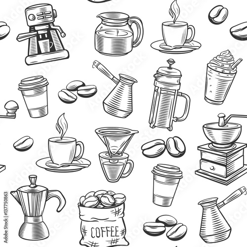Hand drawn coffee seamless pattern.