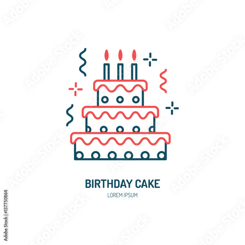 Birthday cake line icon. Vector logo for bakery, party service. Tasty torte thin linear symbol for event agency. Linear illustration of dessert.