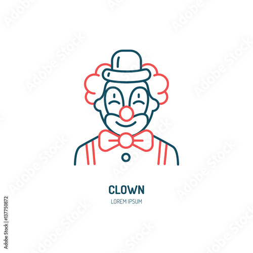 Cute smiling clown line icon. Vector logo for circus, party service or event agency. Linear illustration of kids birthday performance classic character.