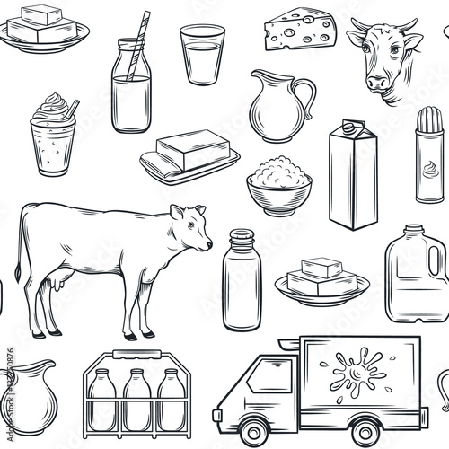 Hand drawn milk product seamless pattern