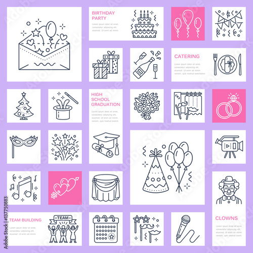 Event agency, wedding organization vector line icon. Party service - catering, birthday cake, balloon decoration, flower delivery, invitation, clown. Thin linear sign of corporate party, team building