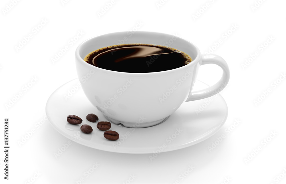 Cup of coffee with coffee beans isolated on white background Cup of coffee with coffee beans isolated on white background
