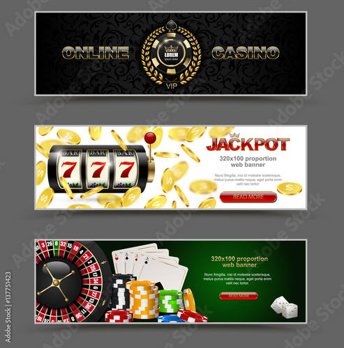 VIP poker luxury horizontal web banner set. Chip stack vector online casino text club golden logo concept. Royal poker card, roulette, dice. Slot machine, falling golden coins jackpot