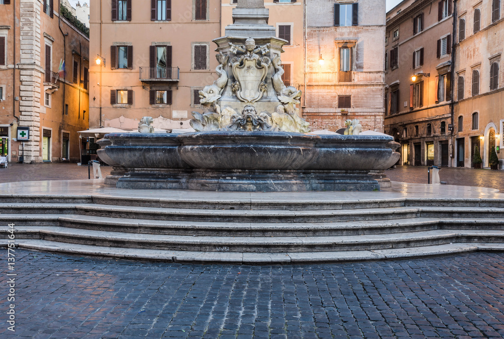 Fountain in front of Pantheon at sunrise, Rome, Italy