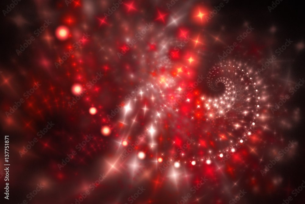 Bright galaxy. Abstract shining sparks on black background. Fantasy fractal design in pink, white and red colors. Digital art. 3D rendering.