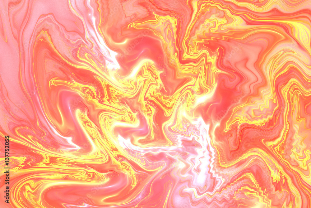 Abstract fantasy marble texture. Romantic fractal background in pink, red and yellow colors. Digital art. 3D rendering.