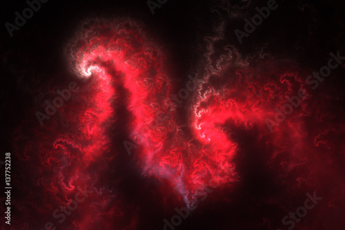 Abstract bloody red smoky shapes on black background. Fantasy fractal design. Psychedelic digital art. 3D rendering.