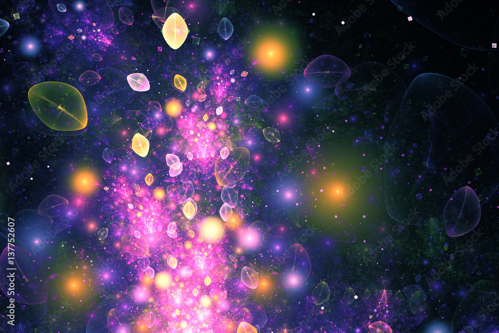 Abstract pink, blue and golden drops on black background. Fantasy fractal design. Digital art. 3D rendering. Abstract pink, blue and golden drops on black background. Fantasy fractal design. Digital art. 3D rendering.