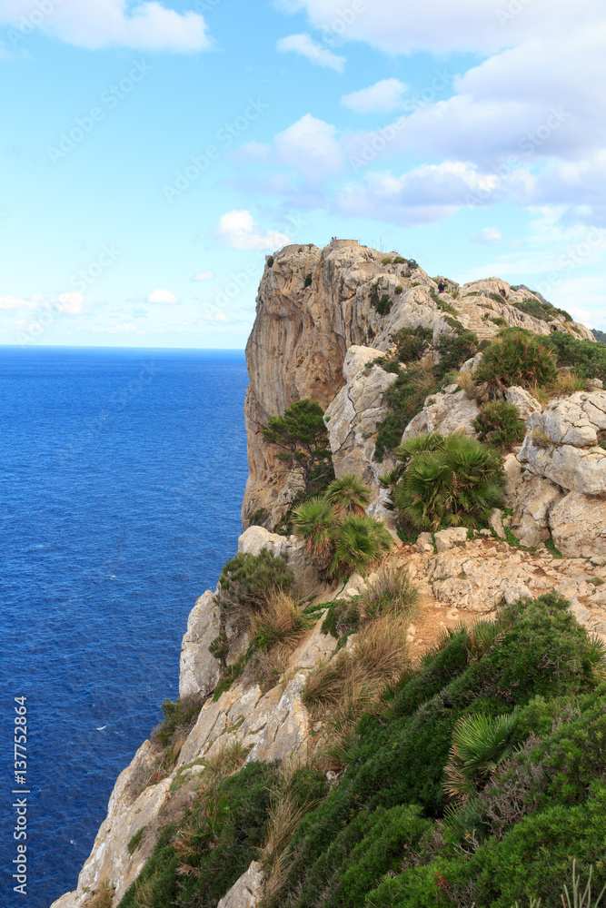 Lookout point Mirador Es Colomer at Cap de Formentor cliff coast and Mediterranean Sea, Majorca, Spain