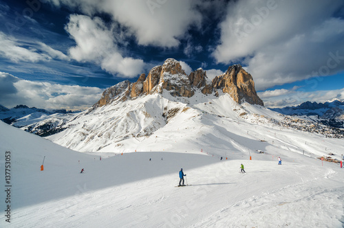 Sunny view of Belvedere valley near Canazei of Val di Fassa, Trentino-Alto-Adige region, Italy.