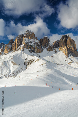 Sunny view of Belvedere valley near Canazei of Val di Fassa, Trentino-Alto-Adige region, Italy.