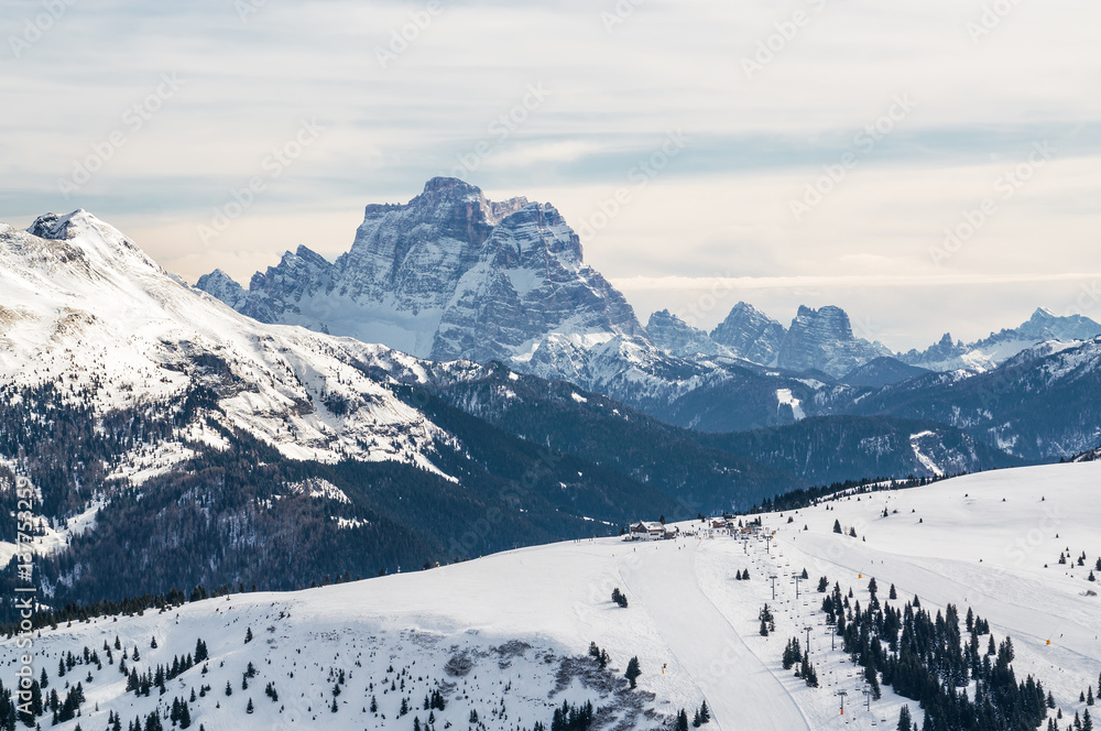 Fototapeta premium Cloudy view of Dolomite Alps near Alta Badia of Val di Fassa, Trentino-Alto-Adige region, Italy.