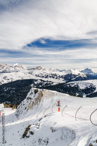 Cloudy view of Dolomite Alps near Alta Badia of Val di Fassa, Trentino-Alto-Adige region, Italy.