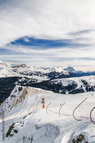 Cloudy view of Dolomite Alps near Alta Badia of Val di Fassa, Trentino-Alto-Adige region, Italy.