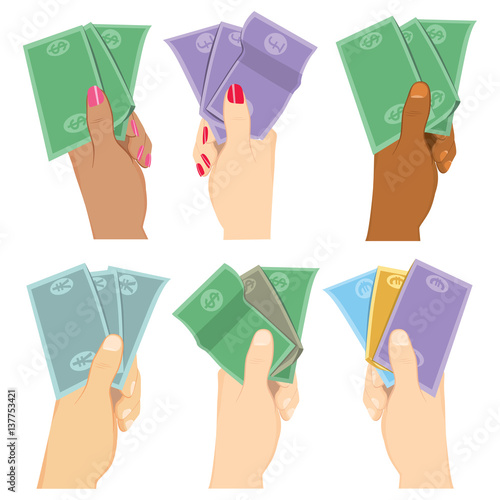 Male and female hands holding different currency banknote money cash