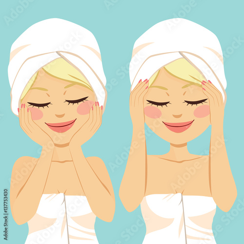 Blonde young woman applying facial massage steps on face