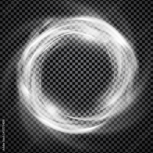 Vector light effect on transparent background. Glowing cosmic vortex or smoke ring illustration.