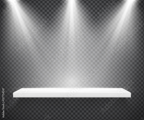 Empty white shelf illuminated by three spotlights on transparent background. Vector realistic hanging rack for showcase