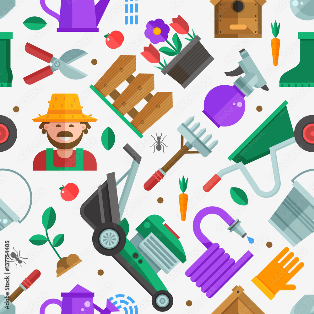 Spring gardening pattern with farm tools and equipment. Growing plants seamless background with gardener, grass-cutter, wheelbarrow and other lawn and garden icons. Springtime gardening backdrop. Spring gardening pattern with farm tools and equipment. Growing plants seamless background with gardener, grass-cutter, wheelbarrow and other lawn and garden icons. Springtime gardening backdrop.