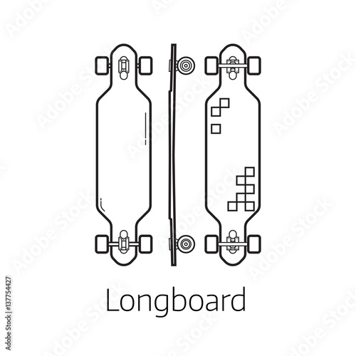 Longboard deck vector illustration. Alternative city transport long skateboard in thin line design. Personal transportation self-balancing device. Skating desk from different sides.