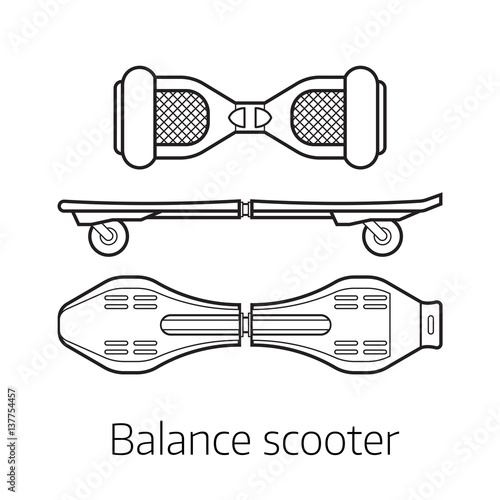 Gyro scooter vector illustration. Alternative city transport self-balancing board gyroscooter in thin line design. Personal transportation gadget. Modern balance electrical vehicle.